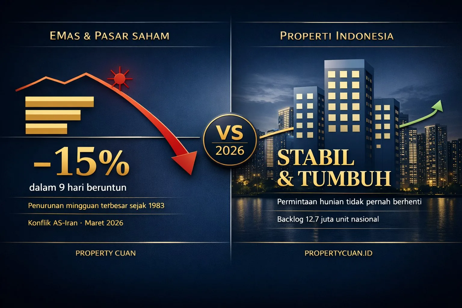 Investasi properti vs emas saat geopolitik memanas — konflik AS Iran 2026 emas anjlok properti Indonesia stabil